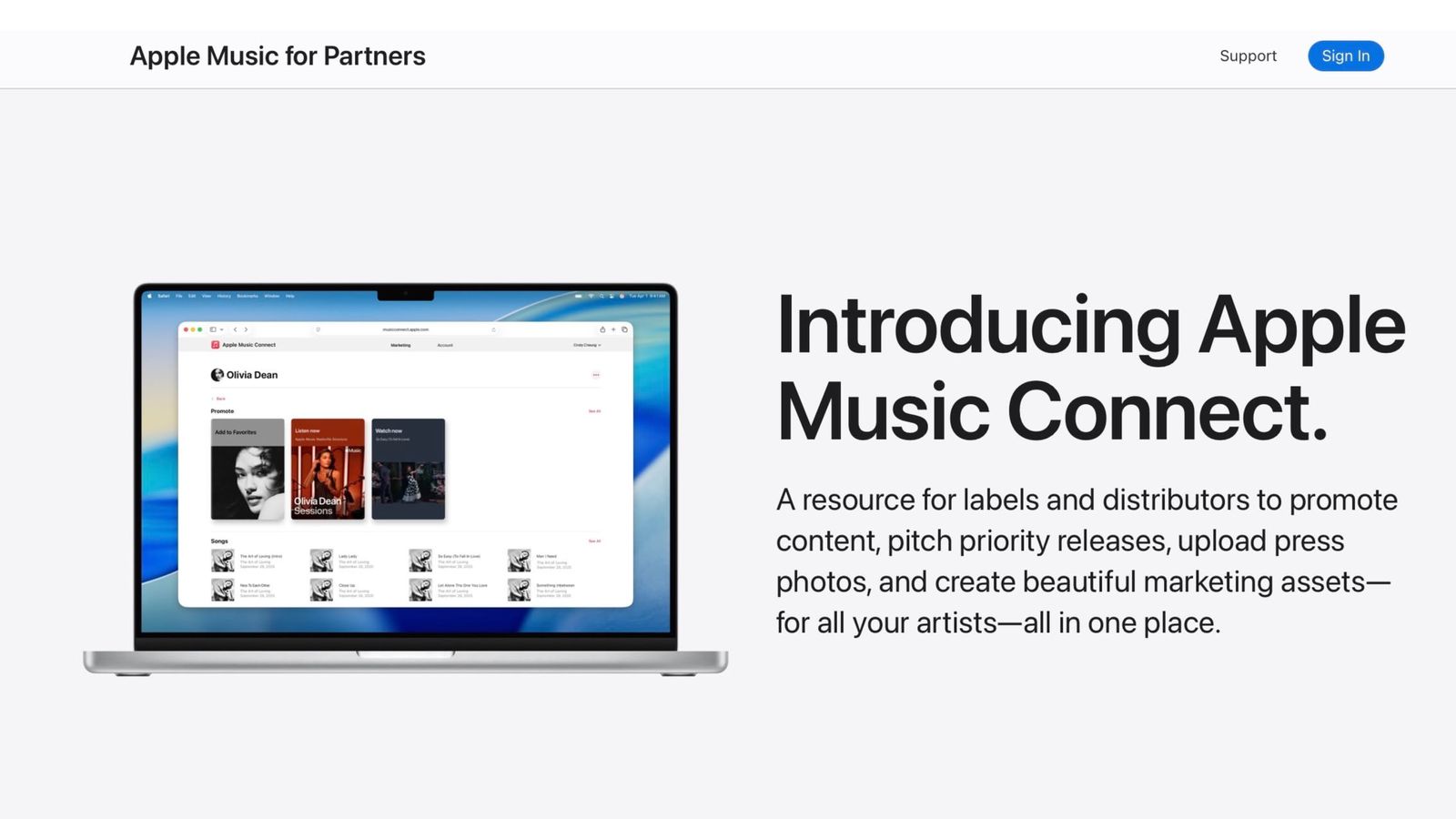 Apple Music for Partners sitesinin ekran görüntüsü; solda MacBook önizlemesi, sağda Apple Music Connect tanıtım metni.