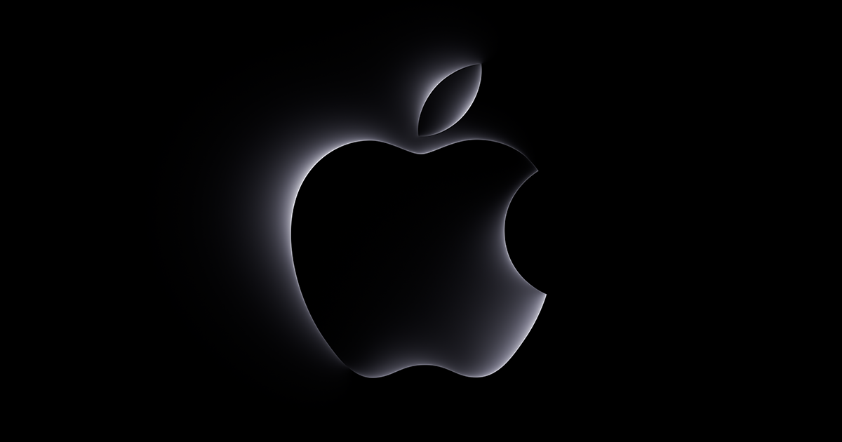 Siyah zemin üzerinde kenarları hafifçe aydınlatılmış siyah Apple logosu.