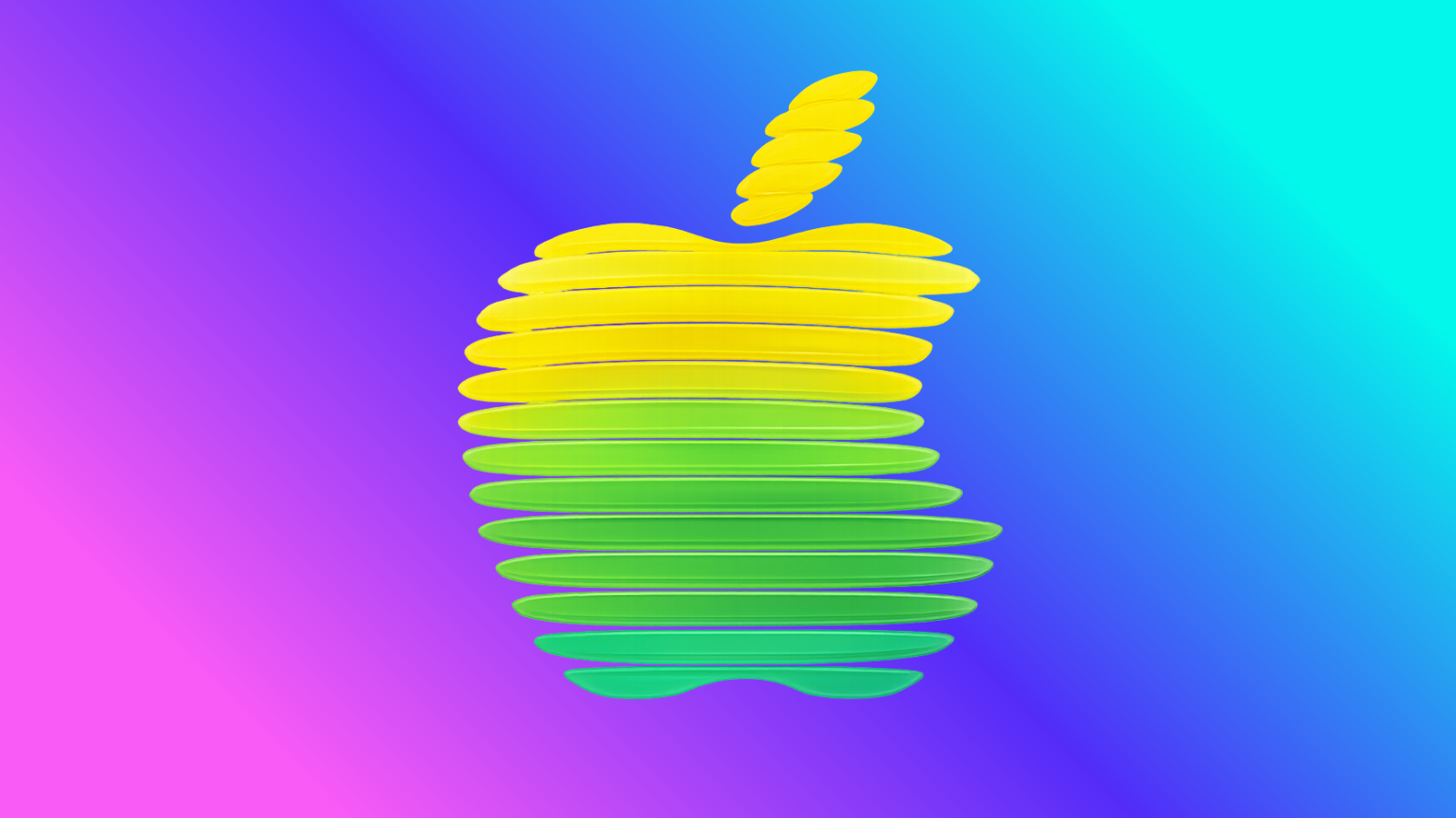 Mavi-mor degrade zemin üzerinde yatay dilimlerden oluşan sarı-yeşil Apple logosu.