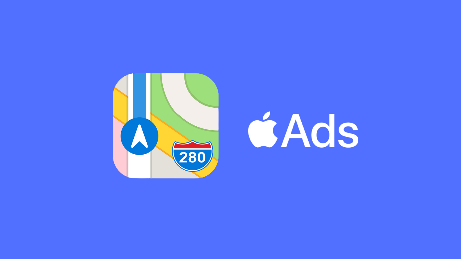 Mavi zemin üzerinde yan yana duran Apple Haritalar uygulama simgesi ve Apple Ads yazısı.