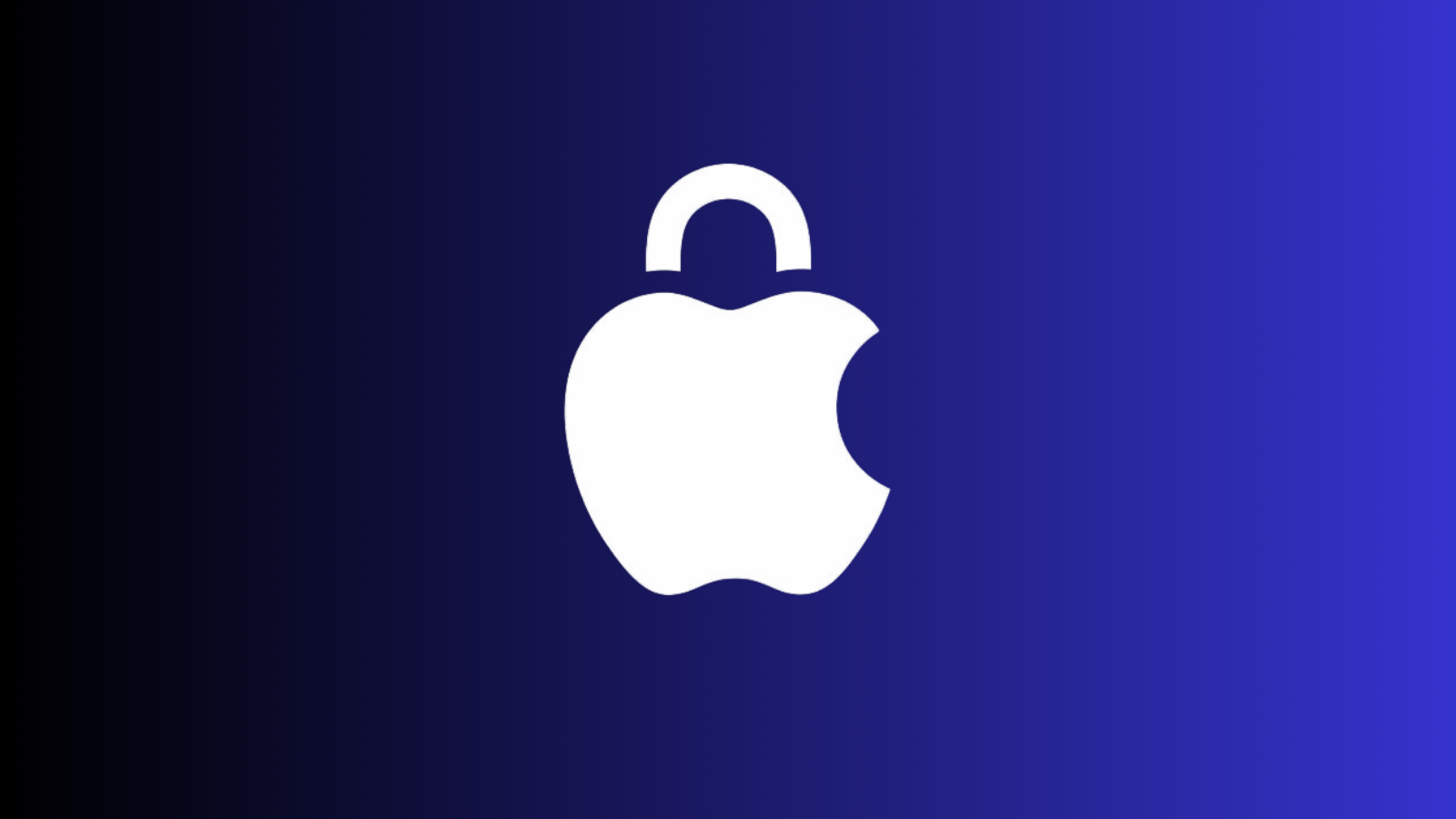 Lacivert zemin üzerinde asma kilit biçimine dönüştürülmüş beyaz Apple logosu.
