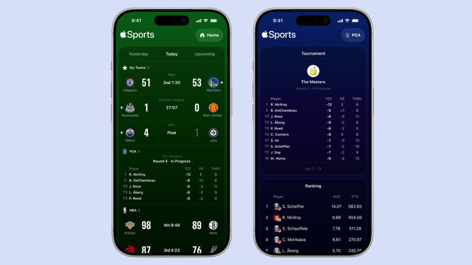 Yan yana iki iPhone; Apple Sports uygulamasında futbol maç skorları ve golf turnuvası sıralaması görünüyor.