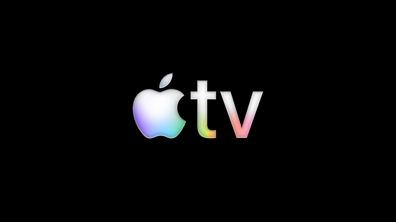 Siyah zemin üzerinde gökkuşağı renklerinde Apple TV logosu.