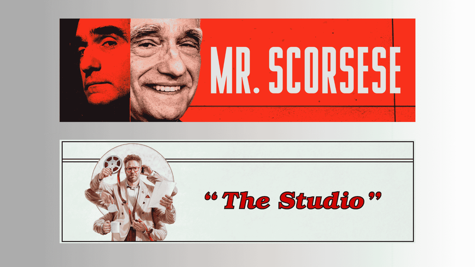 Üst üste iki afiş: üstte kırmızı zeminli Mr. Scorsese belgeseli, altta The Studio dizisinin logosu.