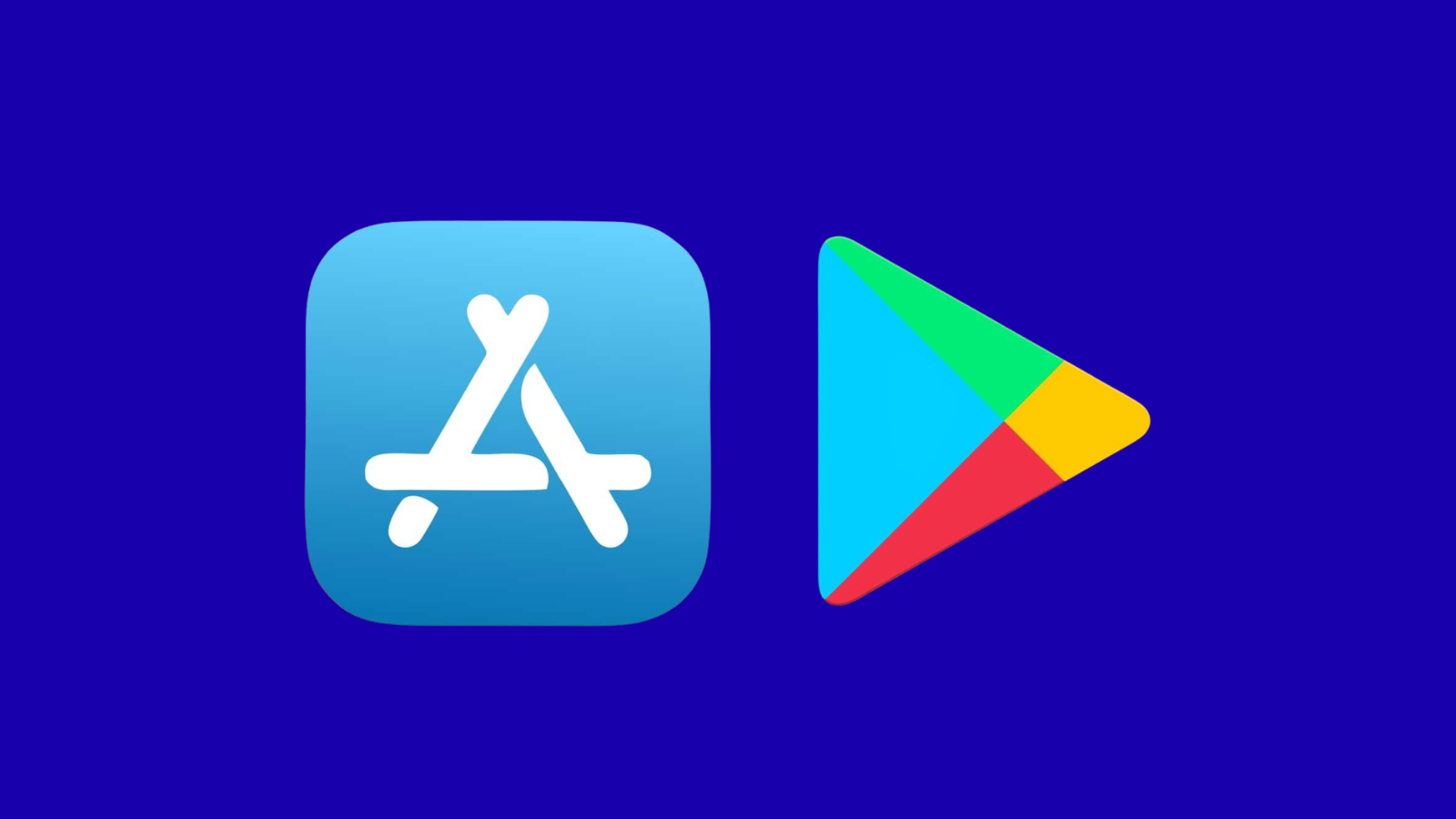 Lacivert zemin üzerinde yan yana duran App Store ve Google Play Store simgeleri.