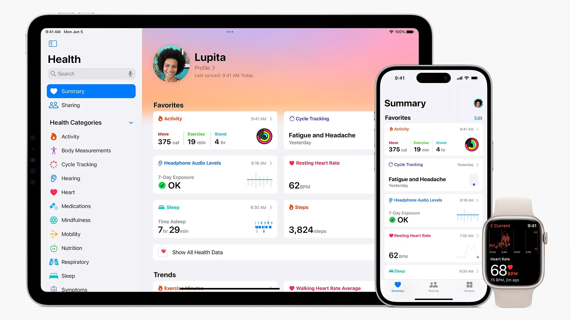 Sağlık uygulamasının açık olduğu bir iPad, iPhone ve Apple Watch; ekranlarda aktivite ve kalp verileri görünüyor.