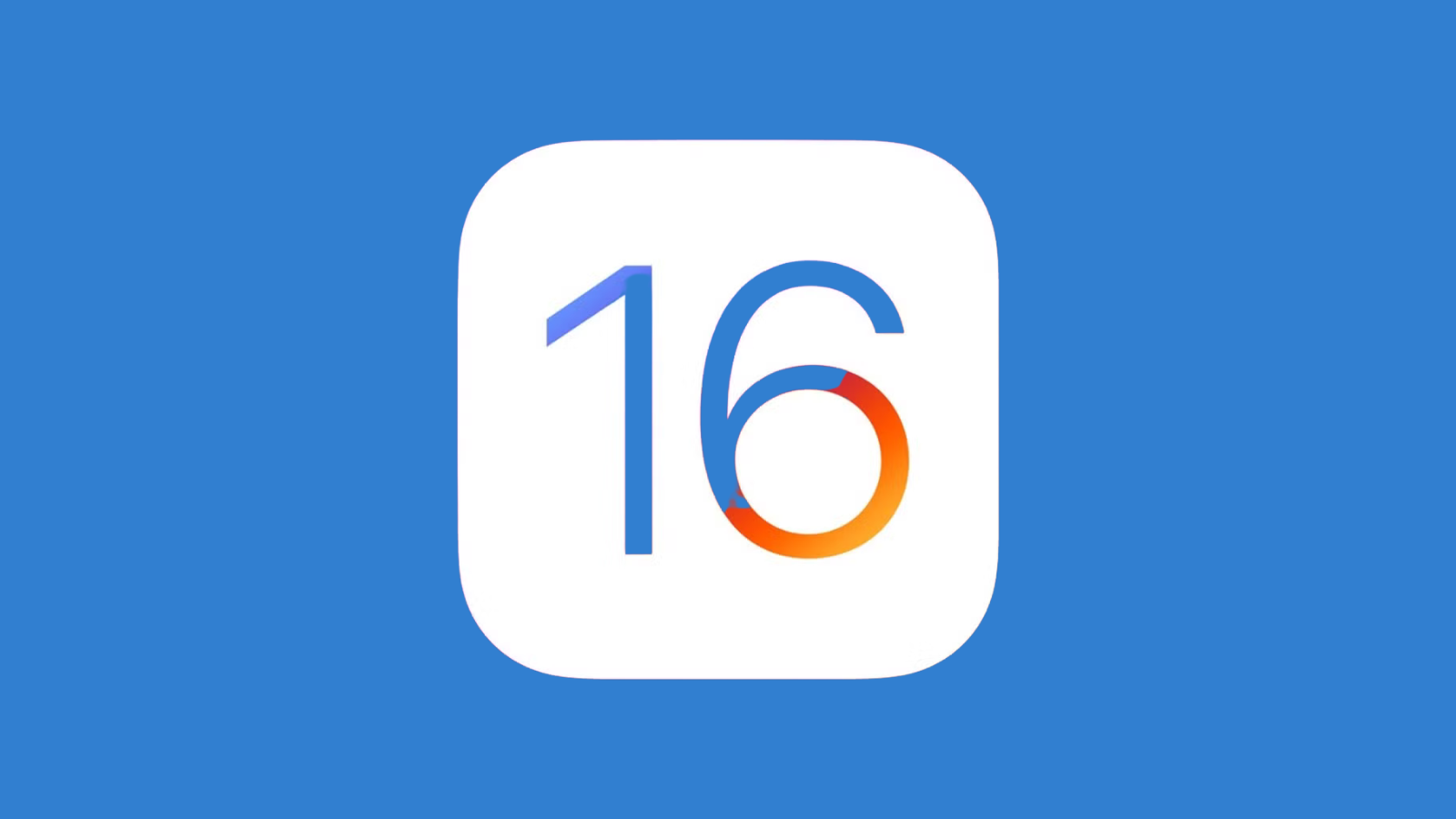 Mavi zemin üzerinde beyaz kare içinde renkli 16 rakamıyla iOS 16 simgesi.