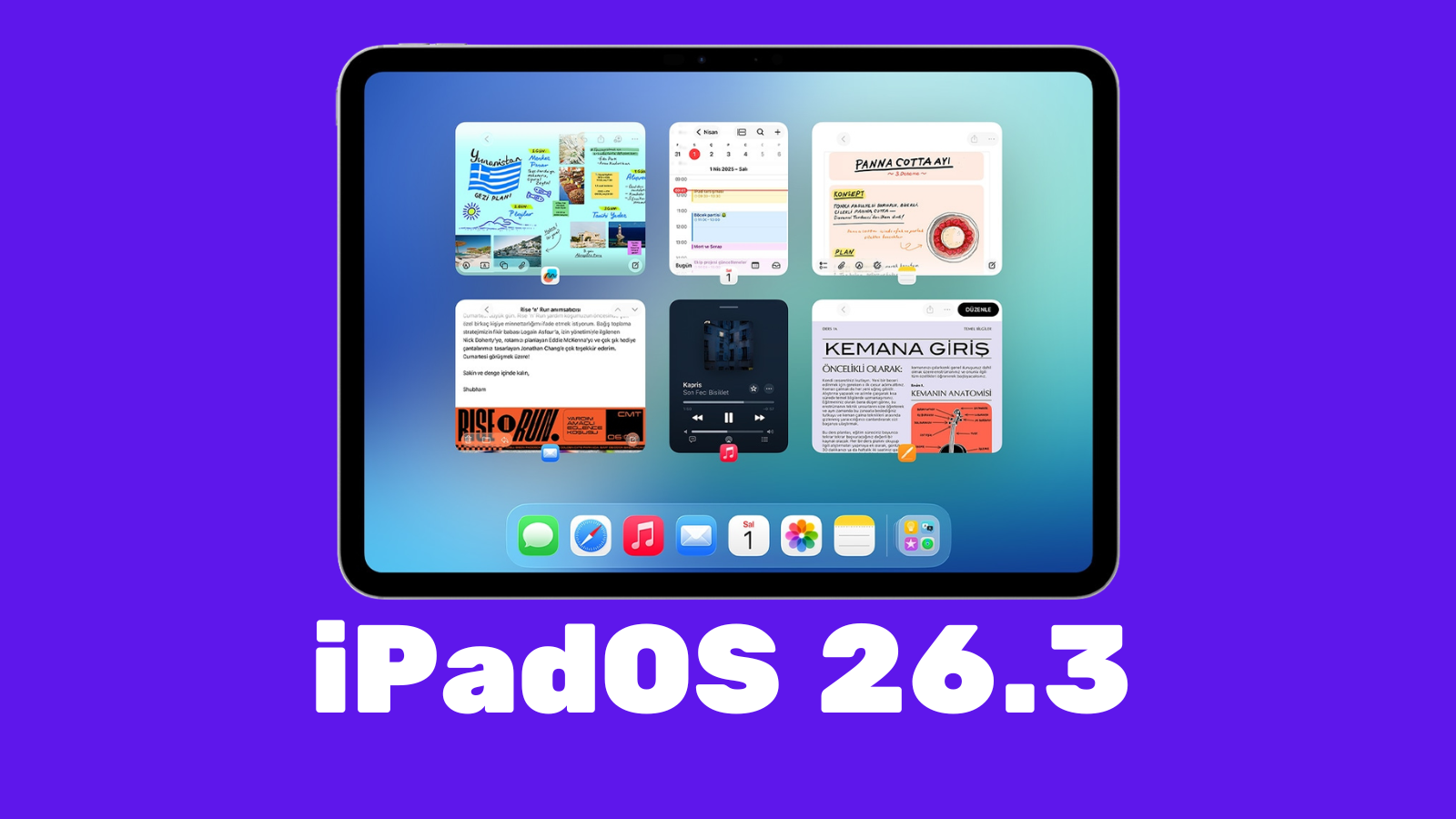 Mor zemin önünde bir iPad; ekranında birden çok pencere açık, altında iPadOS 26.3 yazısı.
