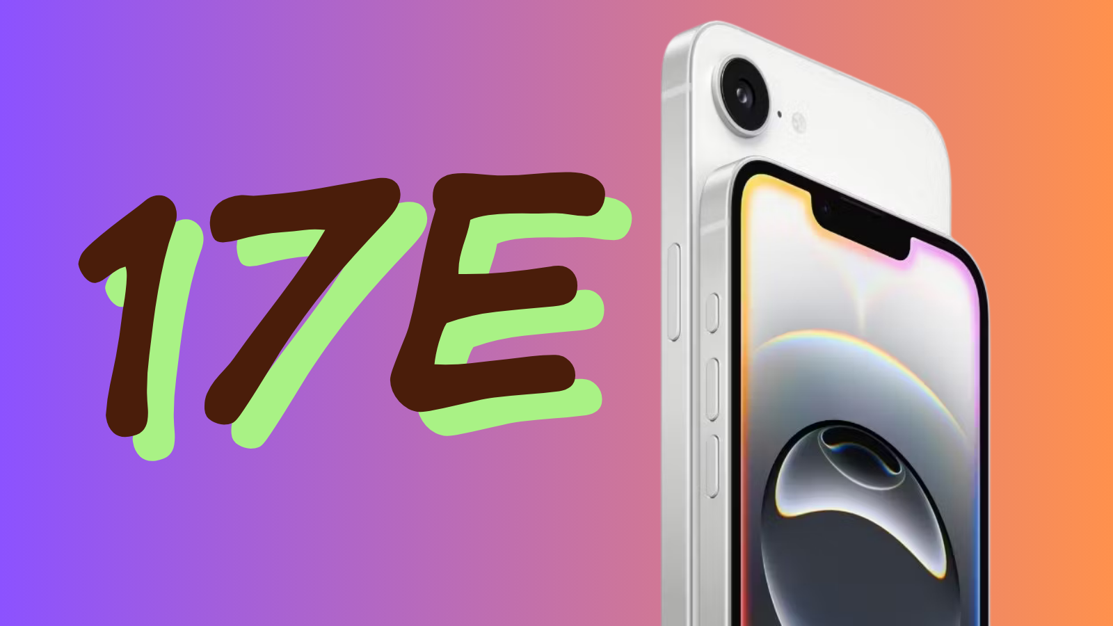 Mor-turuncu degrade zemin üzerinde beyaz bir iPhone ve üzerine el yazısıyla yazılmış 17E ibaresi.
