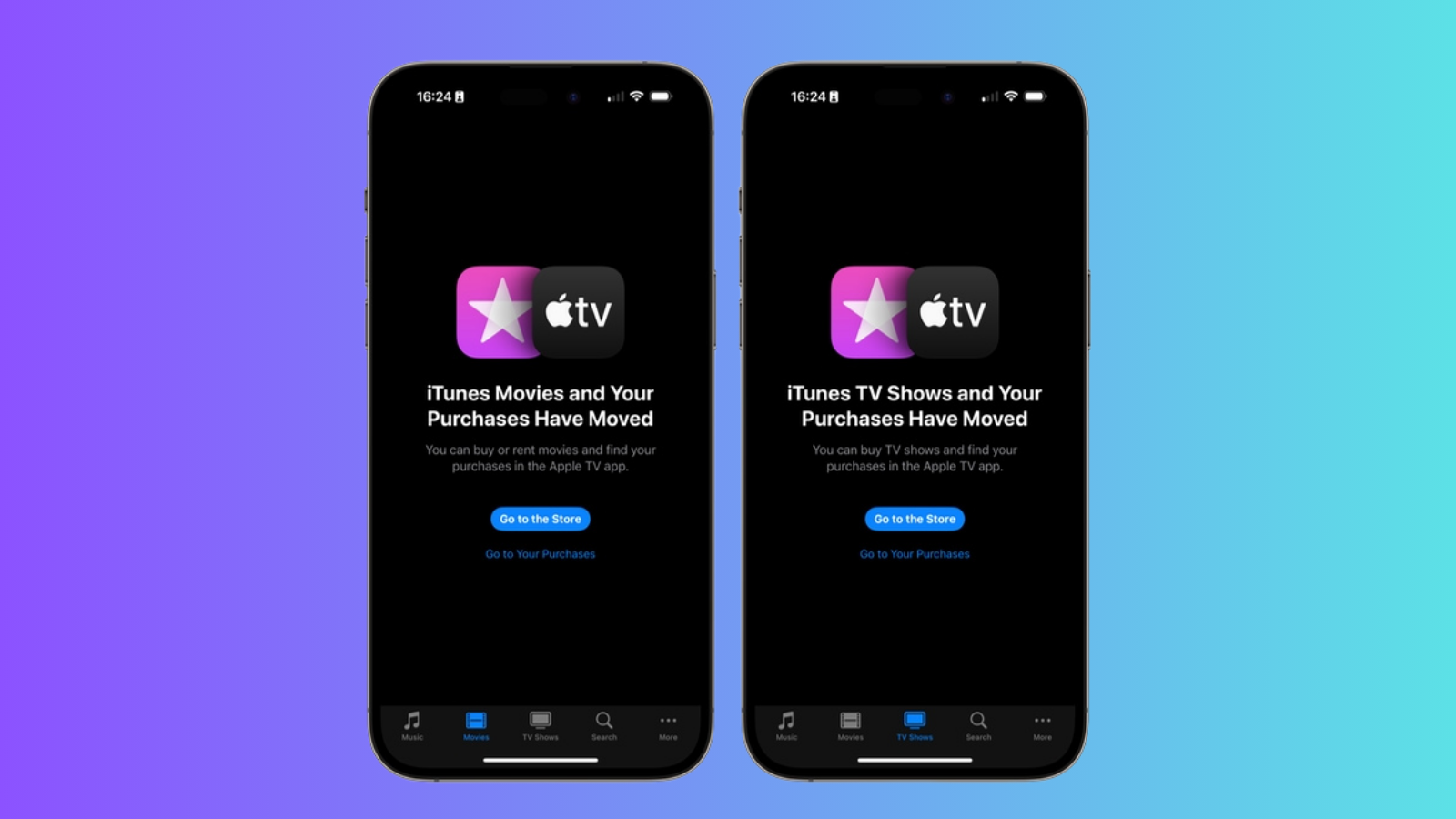 Yan yana iki iPhone; ekranlarda iTunes film ve dizi satın alımlarının Apple TV'ye taşındığını bildiren uyarı var.