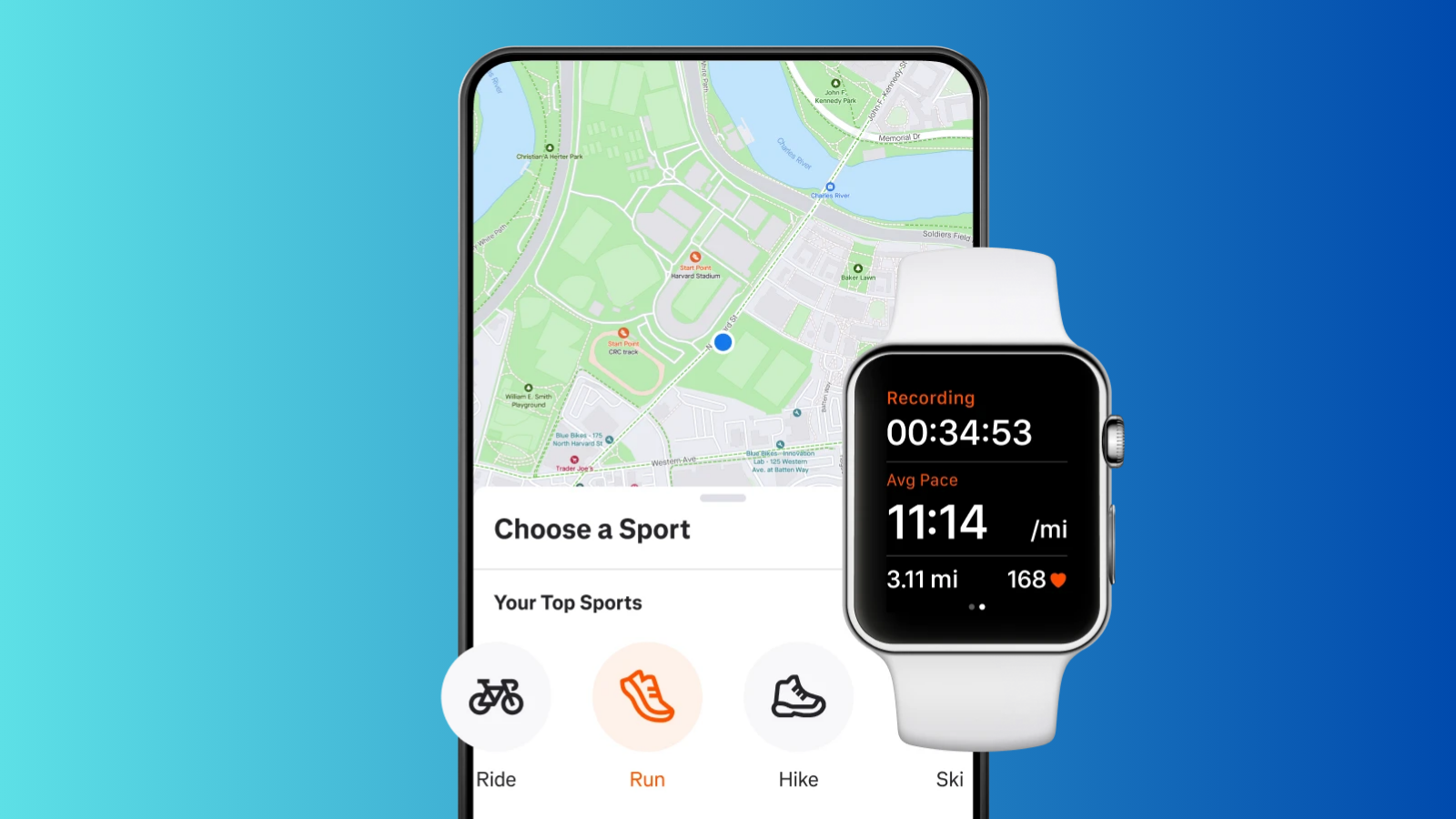 Mavi zemin önünde Strava'nın spor seçme ekranının açık olduğu bir telefon ve yanında koşu verilerini gösteren Apple Watch.
