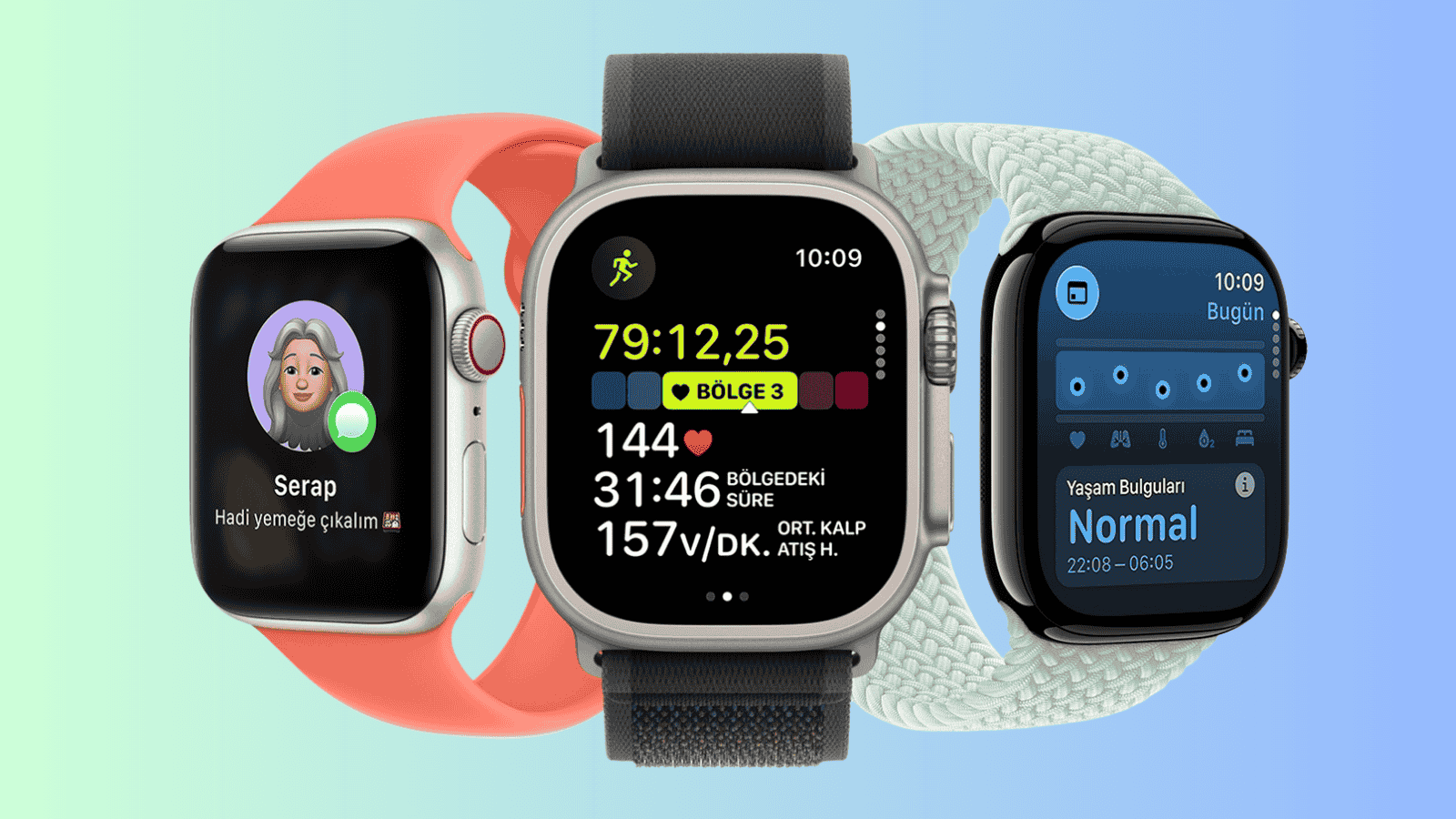 Açık yeşil zemin üzerinde üç Apple Watch; ekranlarda kişi kartı, koşu verileri ve sağlık ölçümü görünüyor.