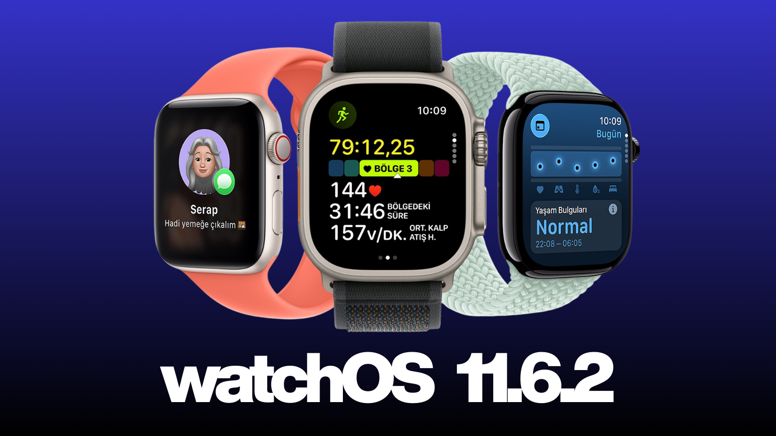 Lacivert zemin üzerinde üç Apple Watch; altında büyük harflerle watchOS 11.6.2 yazısı.