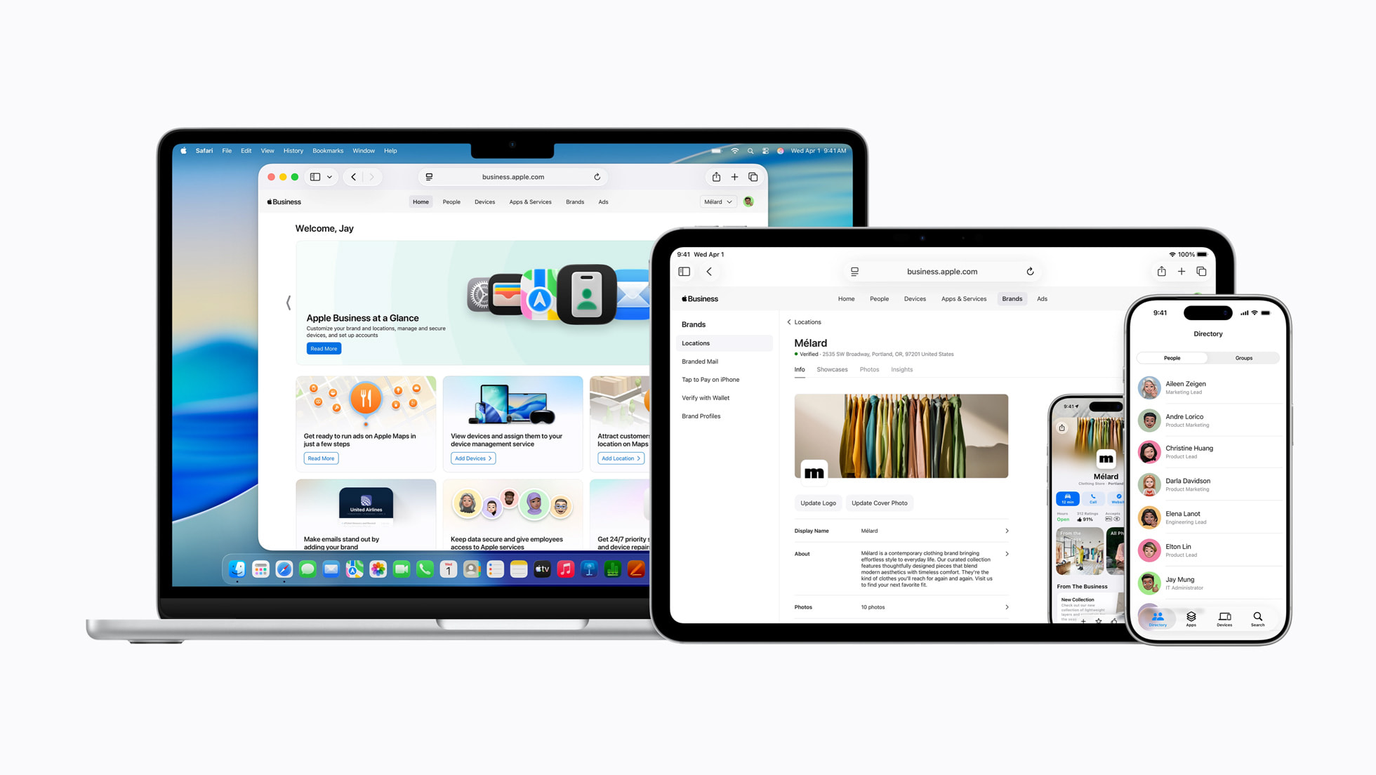 Yan yana bir MacBook, iPad ve iPhone; ekranlarda Apple Business platformunun farklı sayfaları açık.