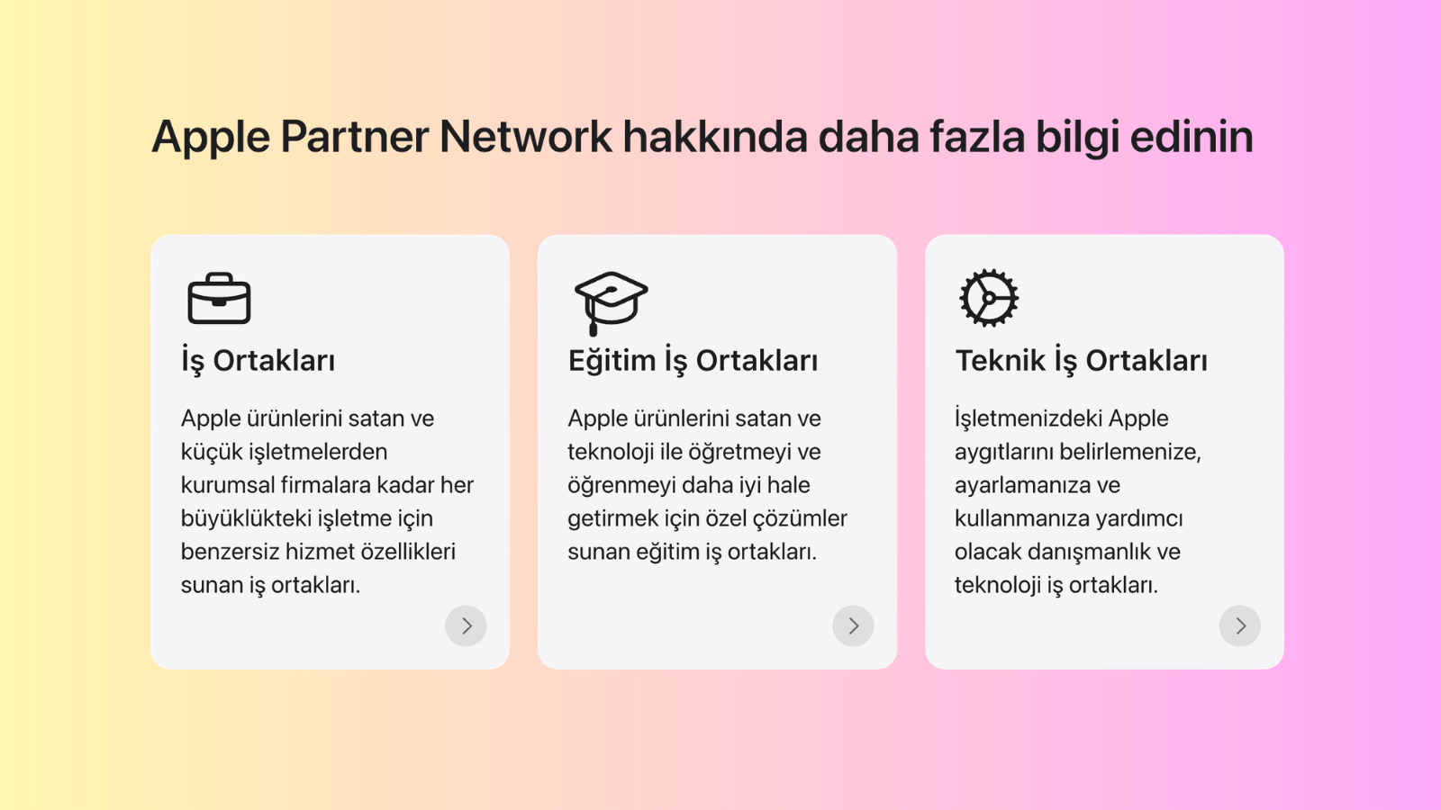 Apple Partner Network sayfasının ekran görüntüsü; iş, eğitim ve teknik iş ortaklarını anlatan üç Türkçe kart.