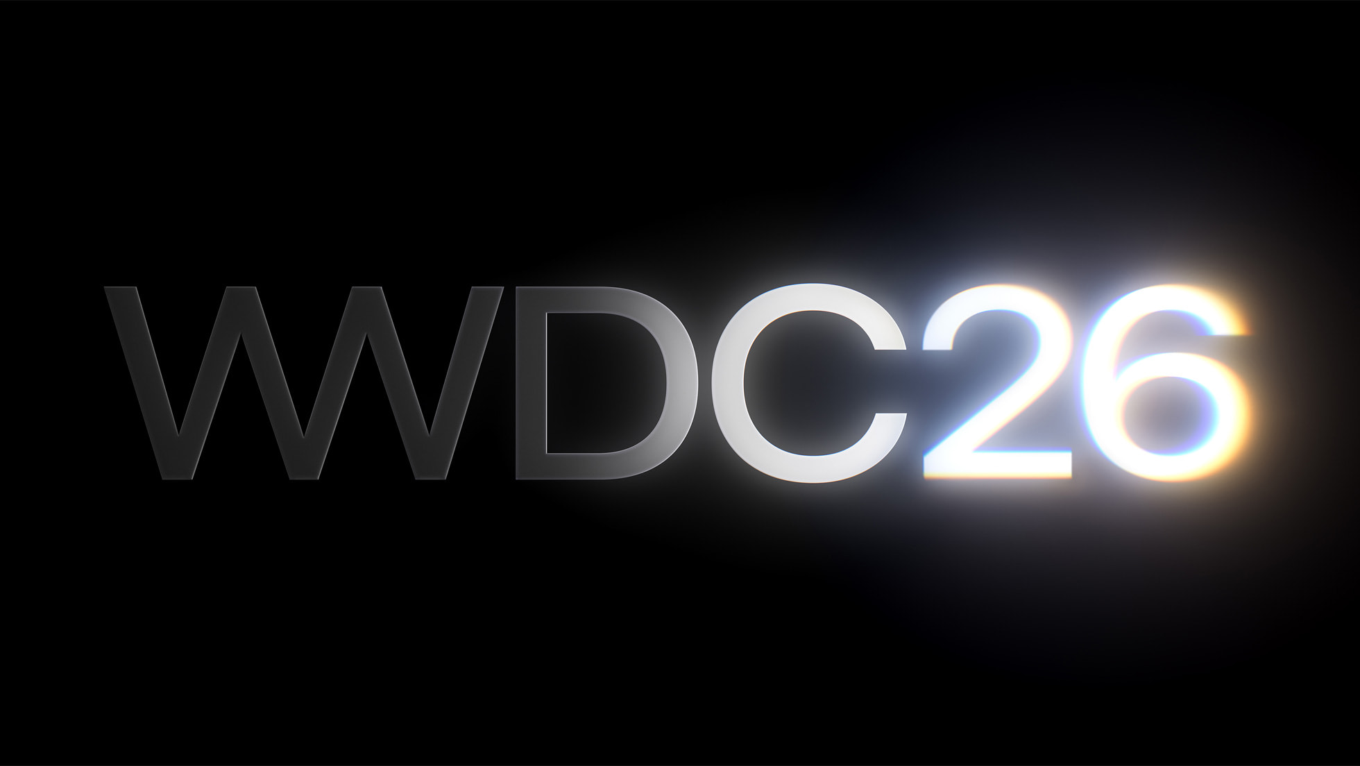 Siyah zemin üzerinde parlayan harflerle WWDC26 yazısı.