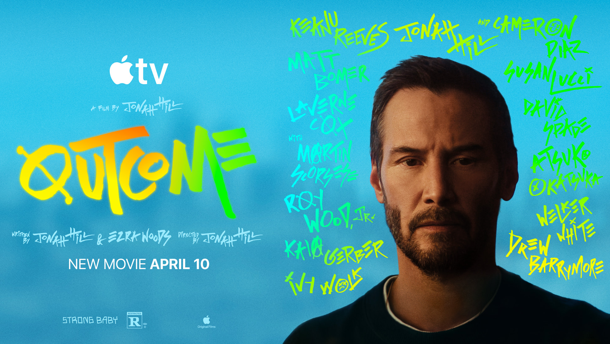 Outcome film afişi: ortada Keanu Reeves'in portresi, etrafında el yazısıyla yazılmış oyuncu isimleri.