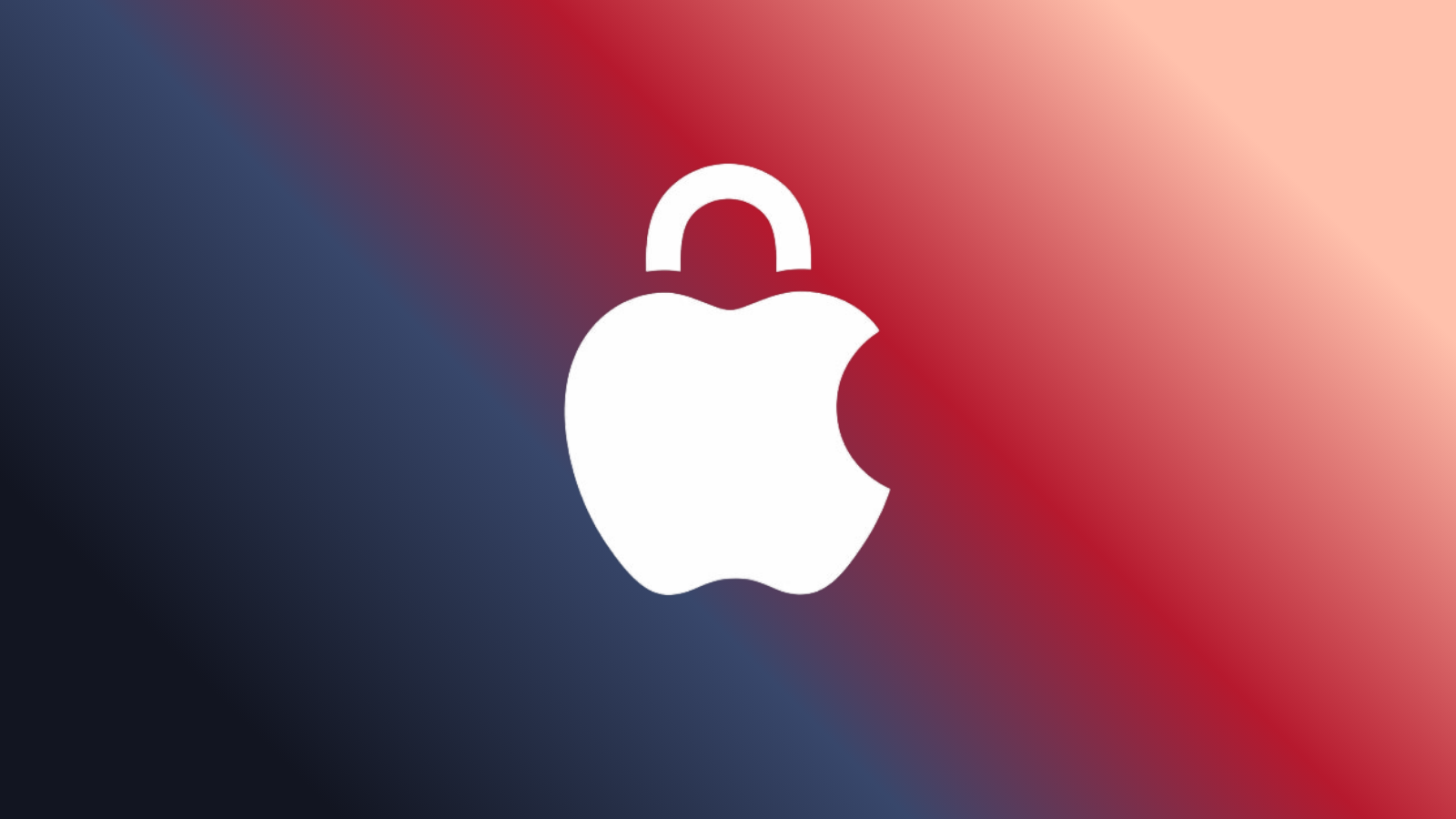 Kırmızı-lacivert degrade zemin üzerinde asma kilit biçimine dönüştürülmüş beyaz Apple logosu.