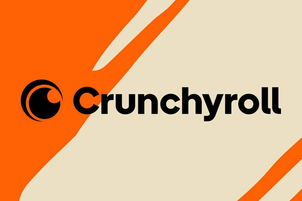 Turuncu ve krem renkli zemin üzerinde Crunchyroll'un yuvarlak logosu ve şirket adı.