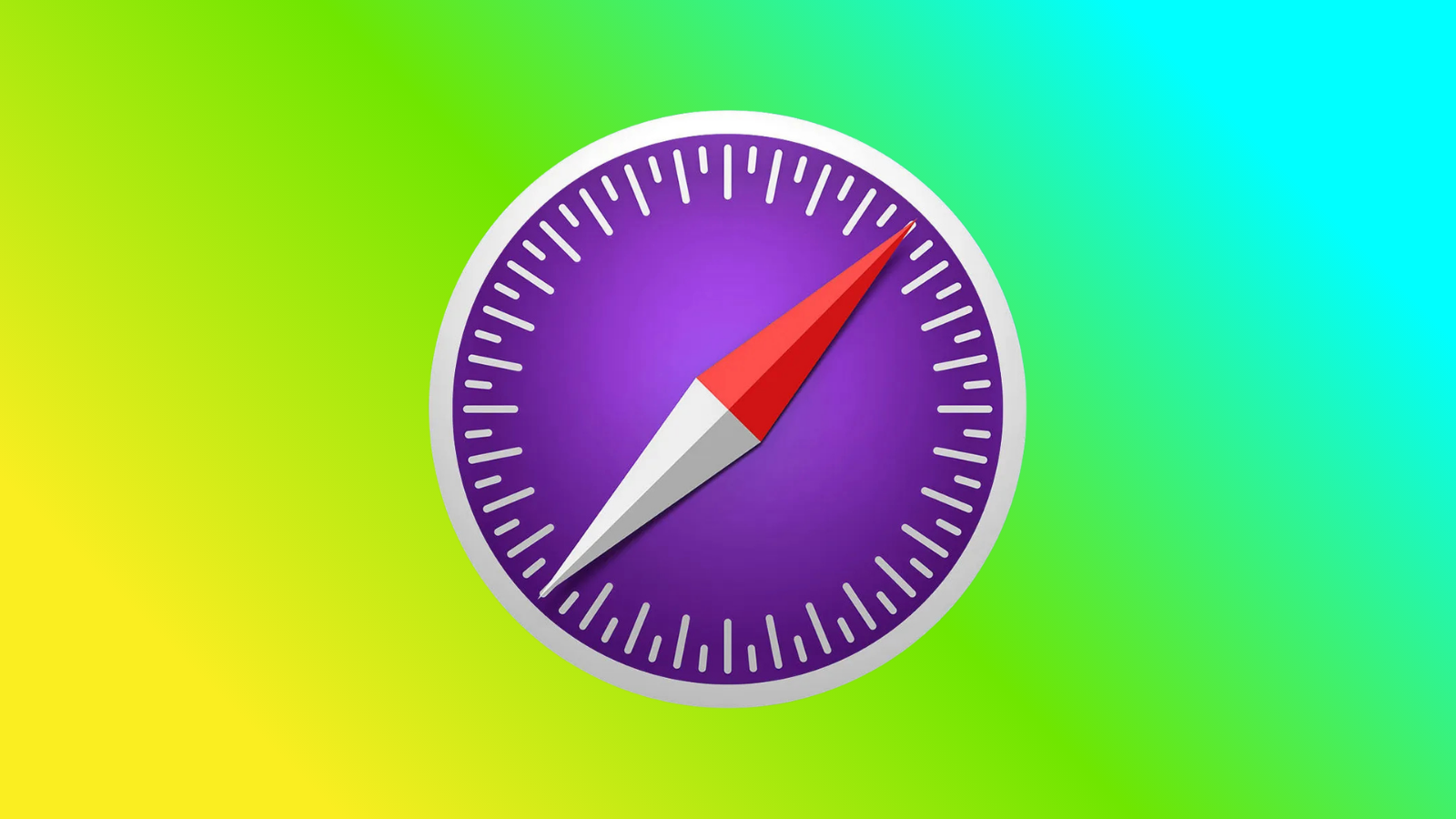 Sarı-yeşil degrade zemin üzerinde Safari Technology Preview'ın mor pusula simgesi.