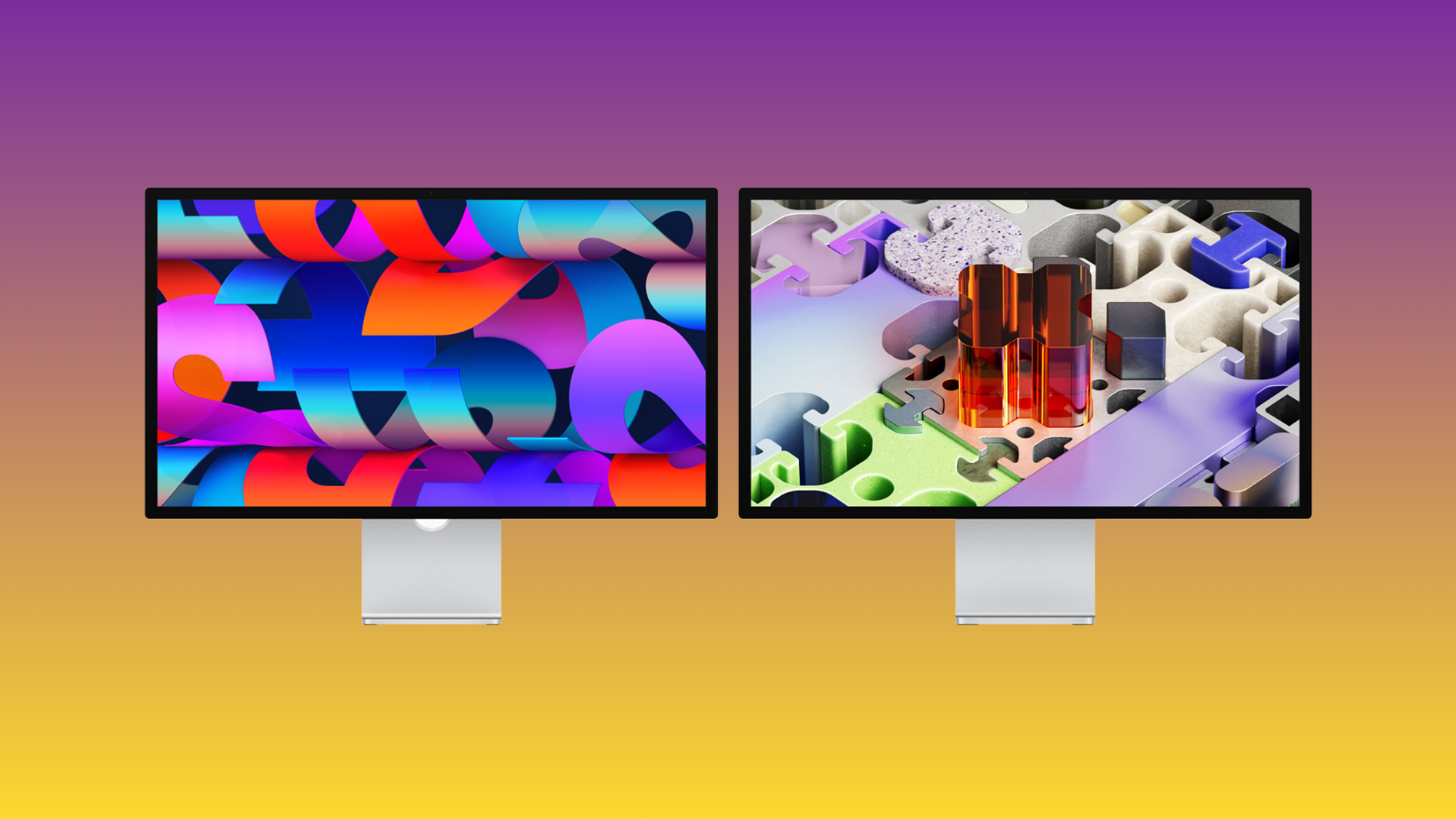Turuncu-mor degrade zemin üzerinde yan yana duran iki Apple Studio Display ekranı; ekranlarda renkli grafikler var.