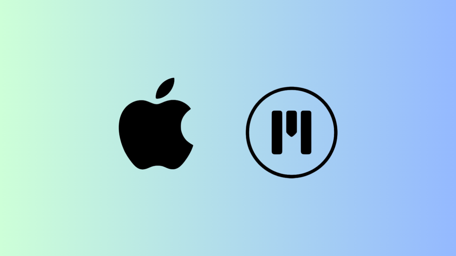 Açık yeşil-mavi zemin üzerinde yan yana duran siyah Apple logosu ve MotionVFX logosu.