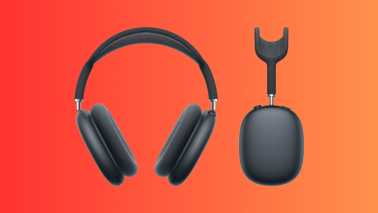 Turuncu zemin üzerinde siyah AirPods Max kulaklık; solda önden, sağda yandan görünümü.
