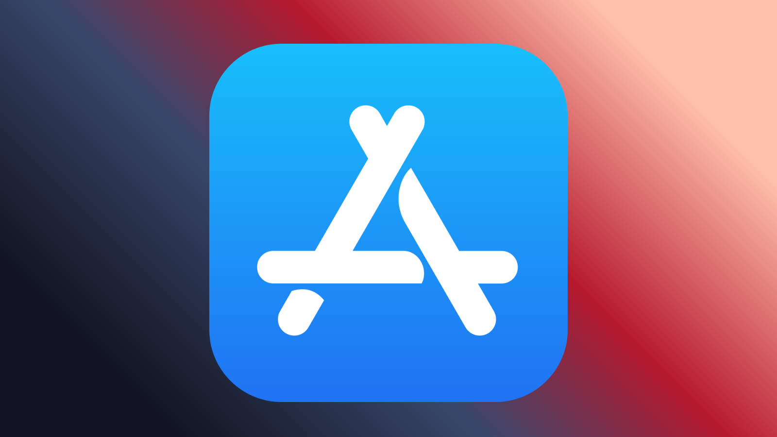 Kırmızı-lacivert degrade zemin üzerinde App Store uygulamasının mavi simgesi.