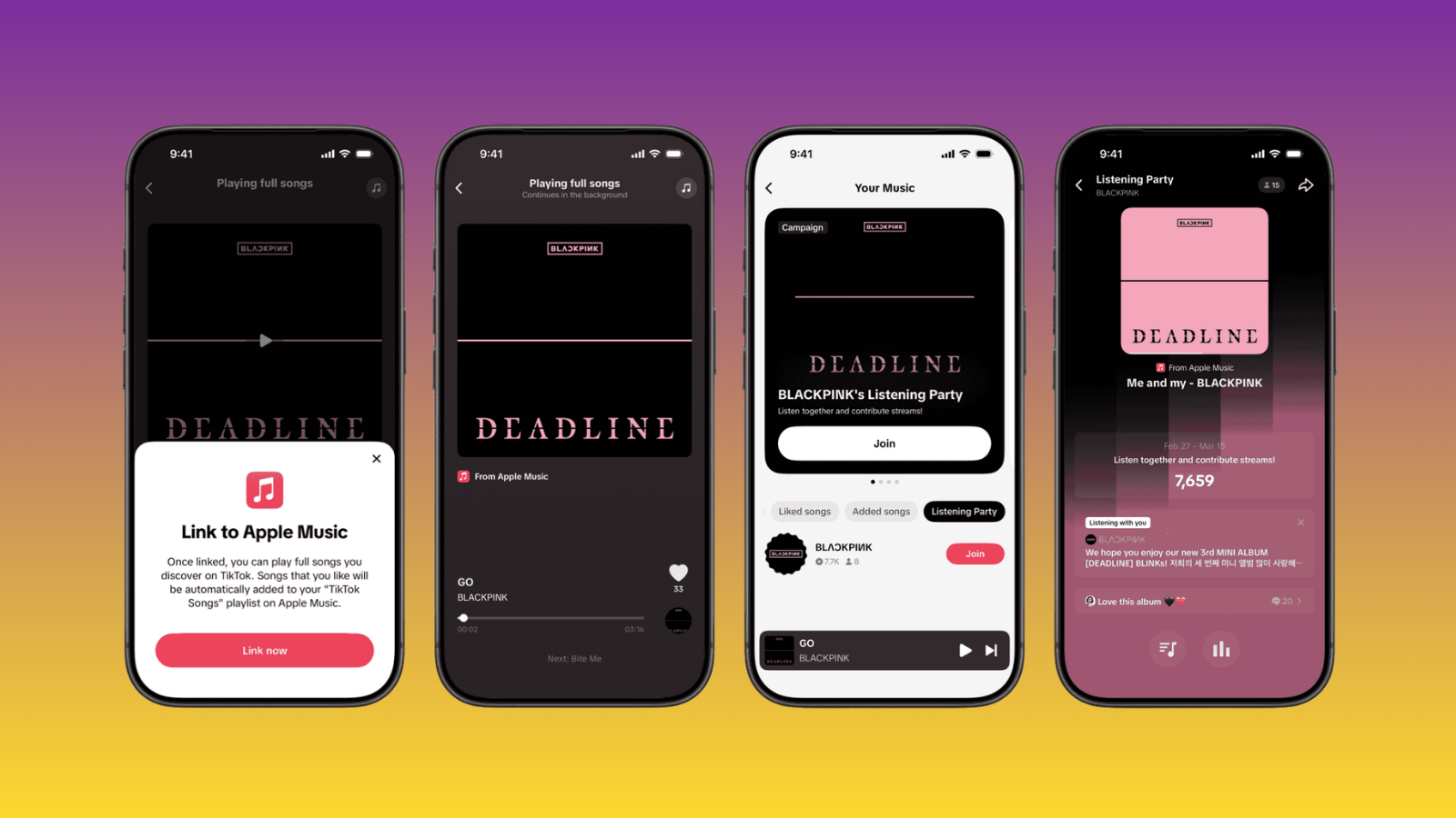 Dört telefon ekranı yan yana; TikTok'ta bir şarkının Apple Music'e bağlanma ve dinleme adımları görünüyor.