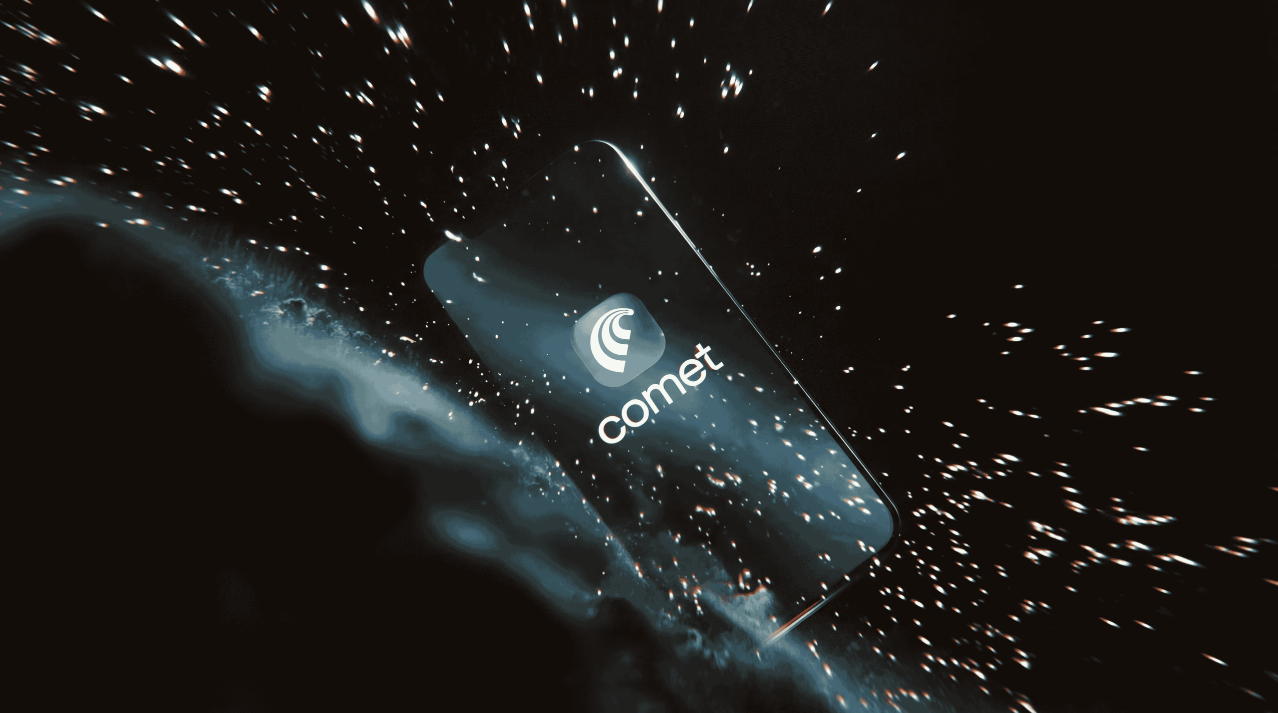 Karanlık bir zeminde parlayan parçacıklar arasında Comet tarayıcısının logosunu taşıyan bir telefon.