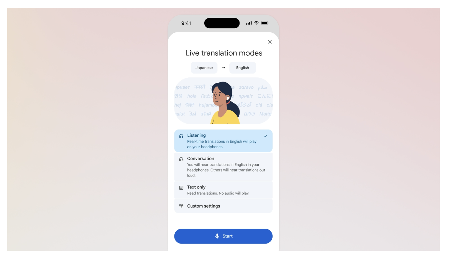 Açık pembe zemin önünde bir telefon; ekranda Google Çeviri'nin canlı çeviri modu seçenekleri açık.