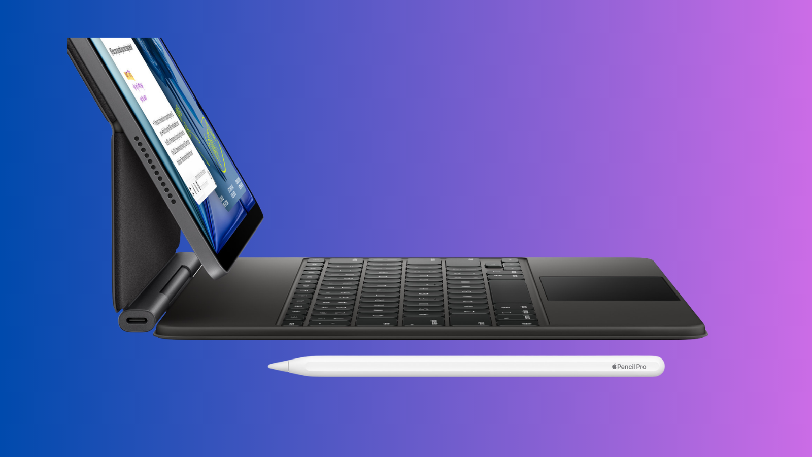 Mor degrade zemin üzerinde klavyeye takılı bir iPad ve yanında beyaz Apple Pencil.
