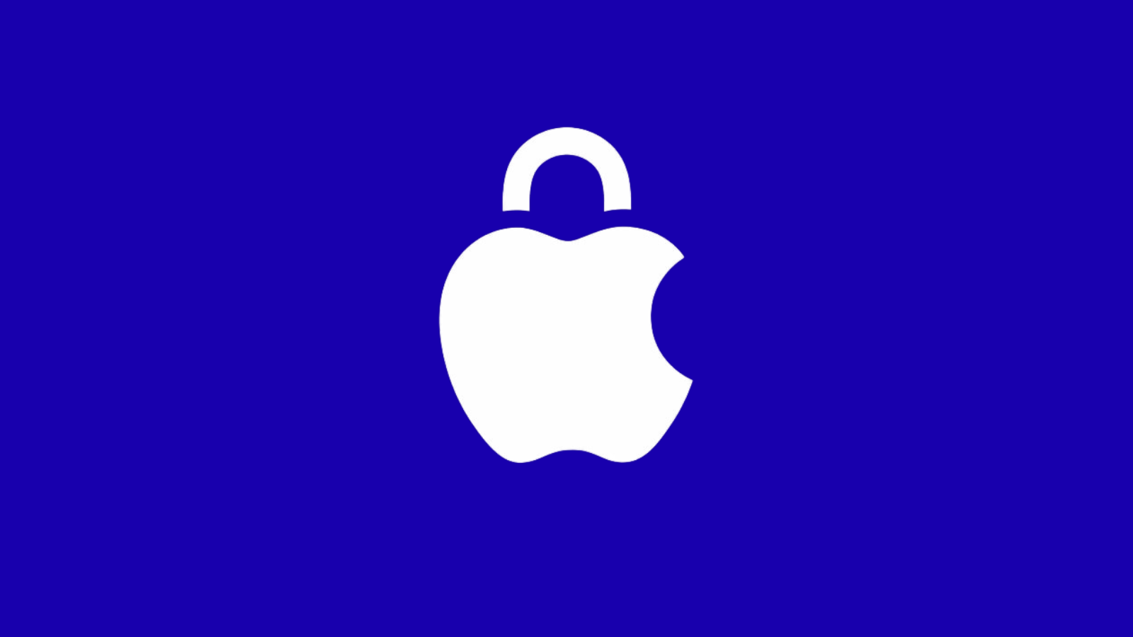 Lacivert zemin üzerinde asma kilit biçimine dönüştürülmüş beyaz Apple logosu.
