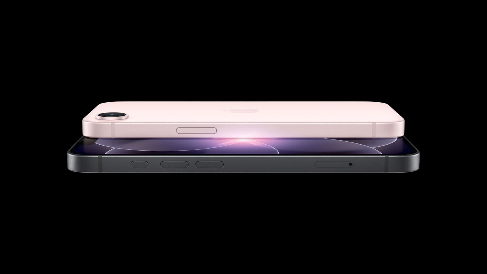 Siyah zemin üzerinde üst üste duran iki iPhone; üstteki pembe modelin arka kamerası görünüyor.