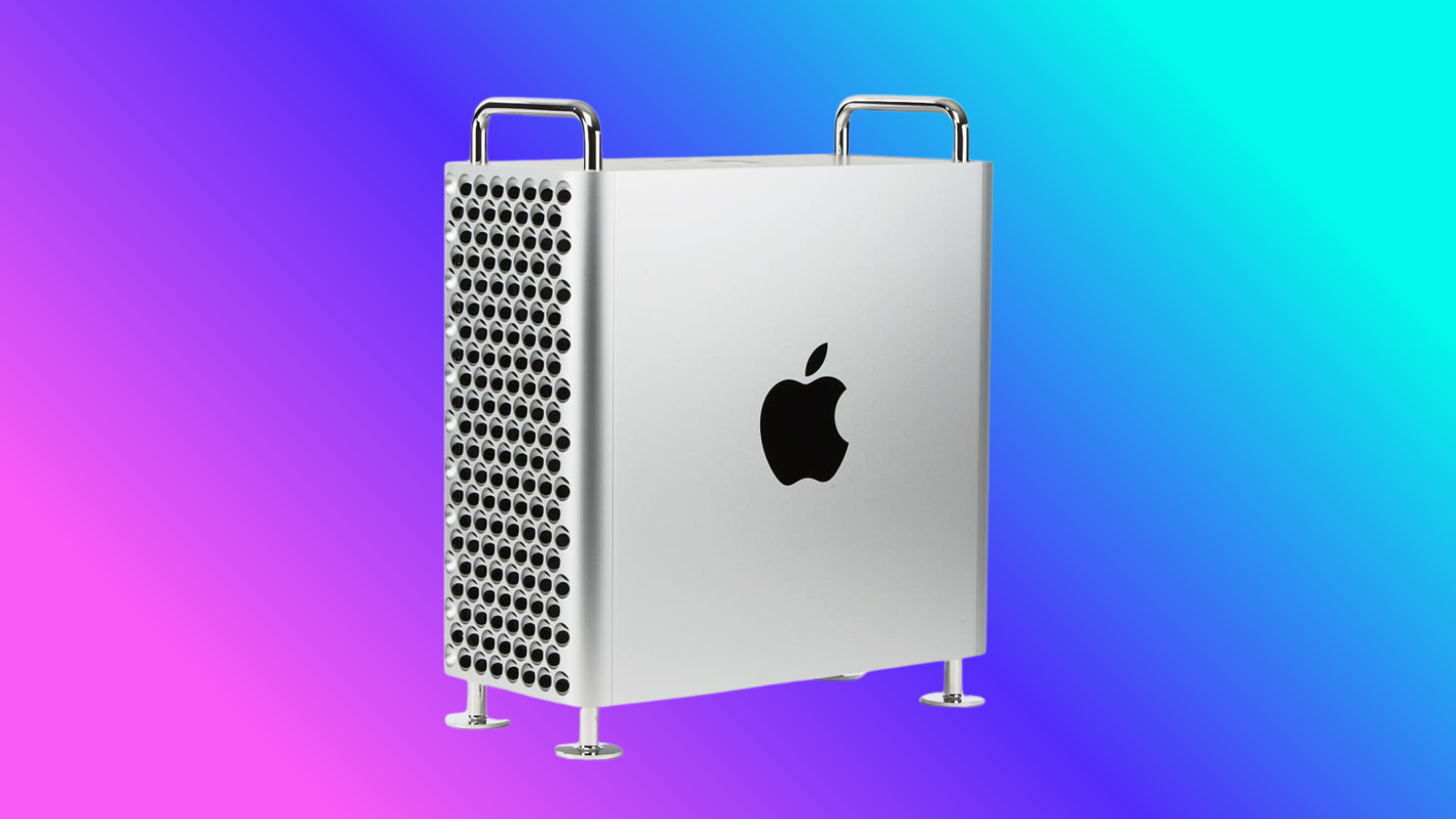 Mor-mavi degrade zemin üzerinde delikli ızgara kasasıyla gümüş renkli Mac Pro kulesi.