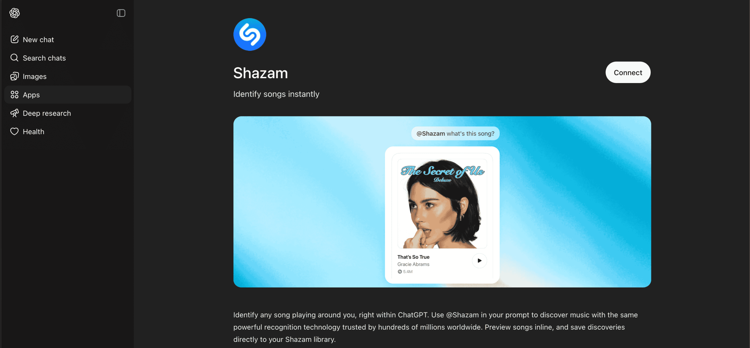 ChatGPT arayüzünde Shazam bağlantı sayfası; ortada bir albüm kapağıyla müzik tanıma önizlemesi var.