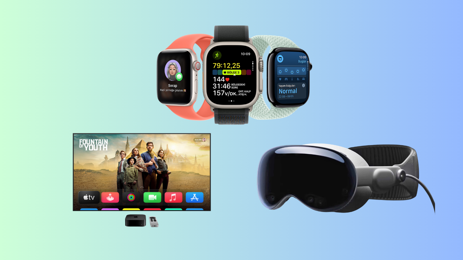 Açık yeşil zemin üzerinde üç Apple Watch, bir televizyon ekranı ve Apple Vision Pro başlığı bir arada.
