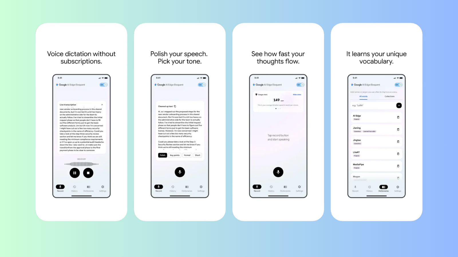 Dört telefon ekranı yan yana; Google AI Edge Eloquent uygulamasının dikte ve metin düzenleme adımları.