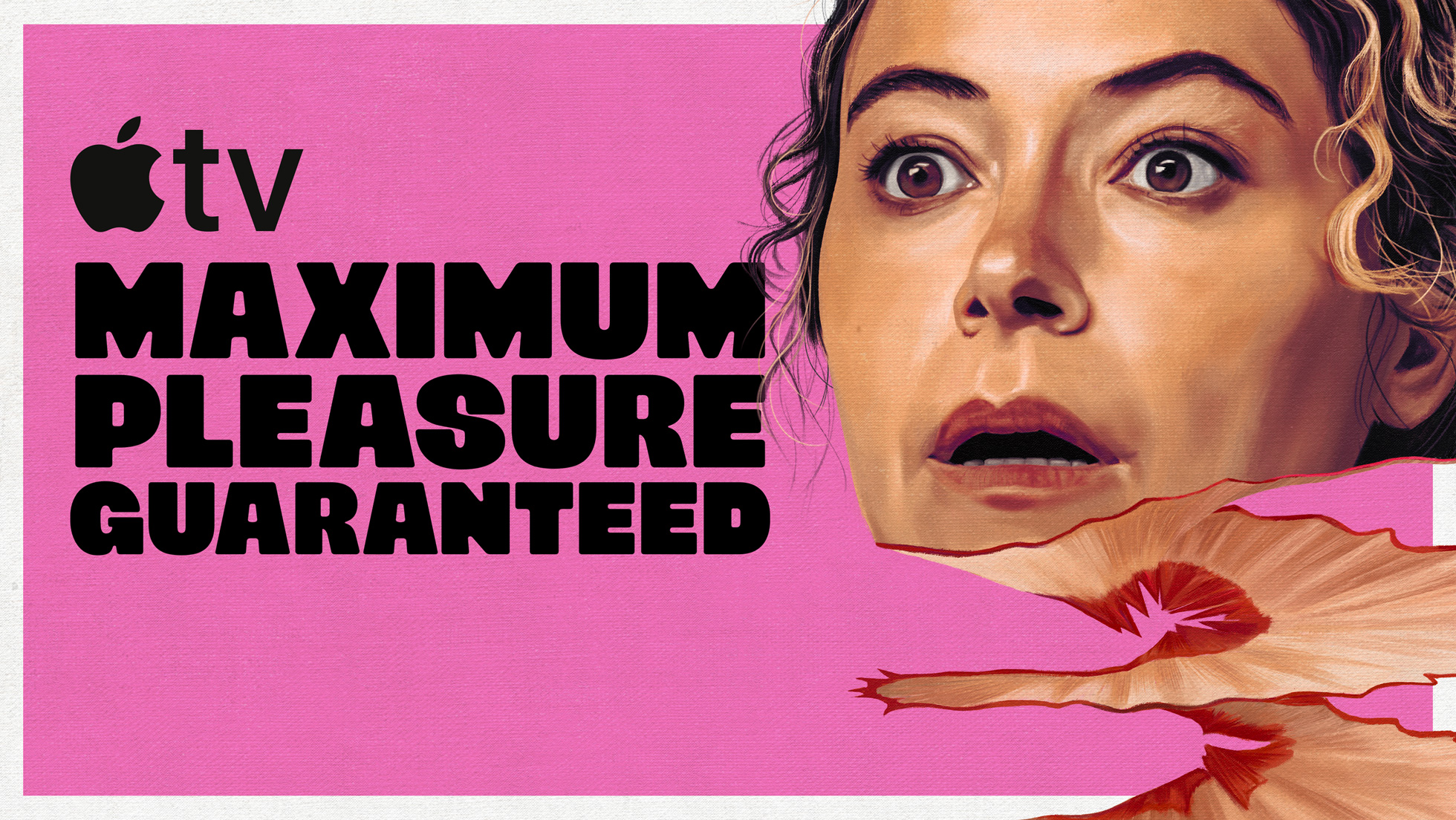 Pembe zemin üzerinde şaşkın ifadeli bir kadının portresi ve yanında Maximum Pleasure Guaranteed yazısı.