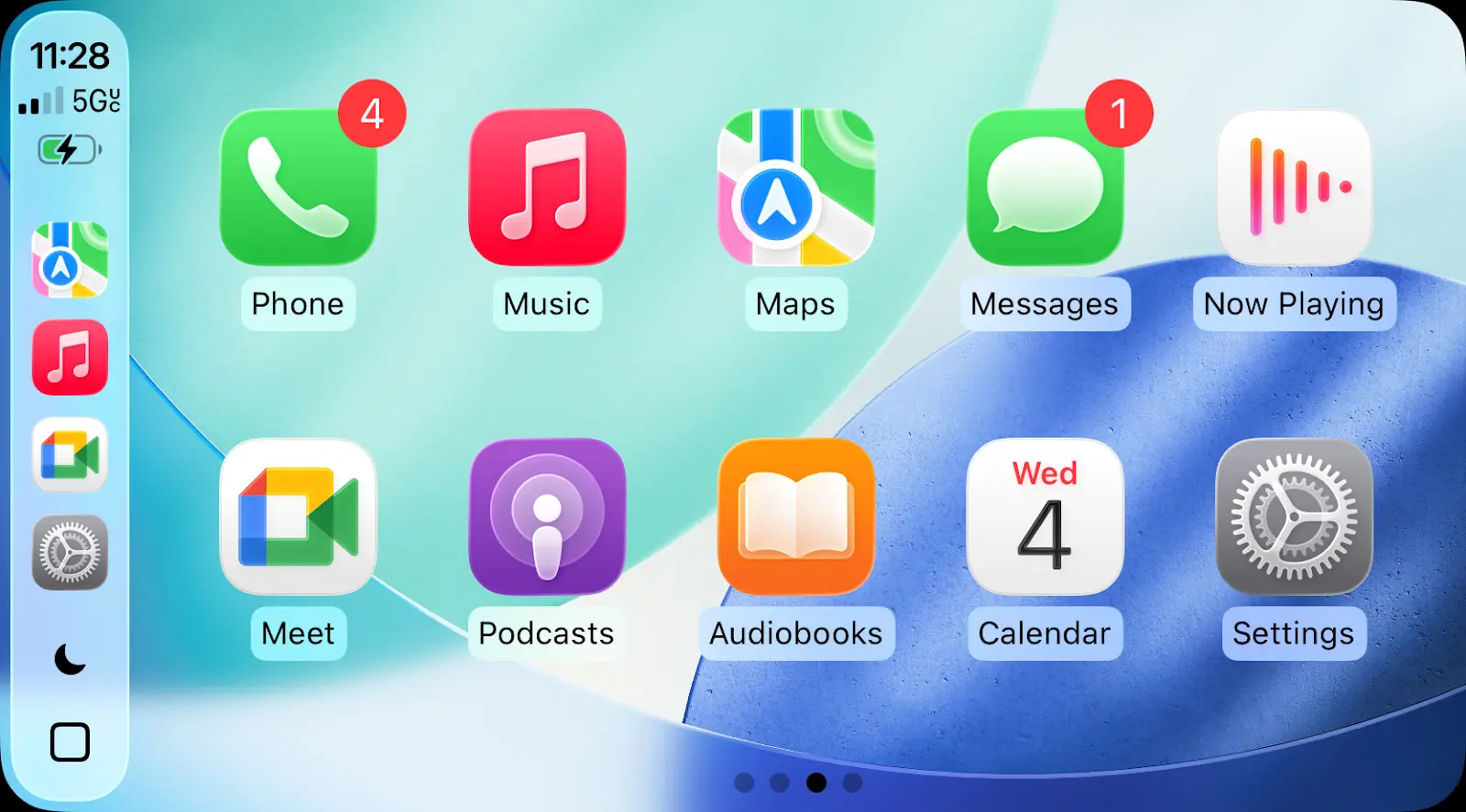 CarPlay ana ekranı: Telefon, Müzik, Haritalar, Mesajlar ve Google Meet gibi uygulama simgeleri.