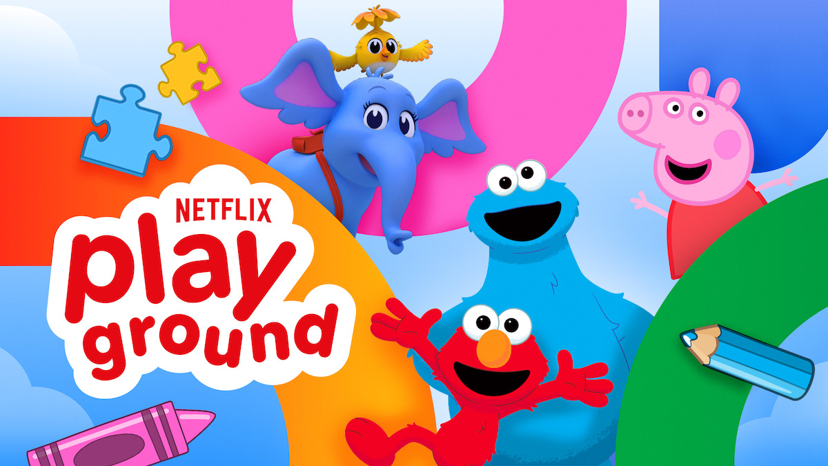 Netflix Playground tanıtımı: renkli zeminde Peppa Pig, Elmo ve Cookie Monster gibi çocuk karakterleri.