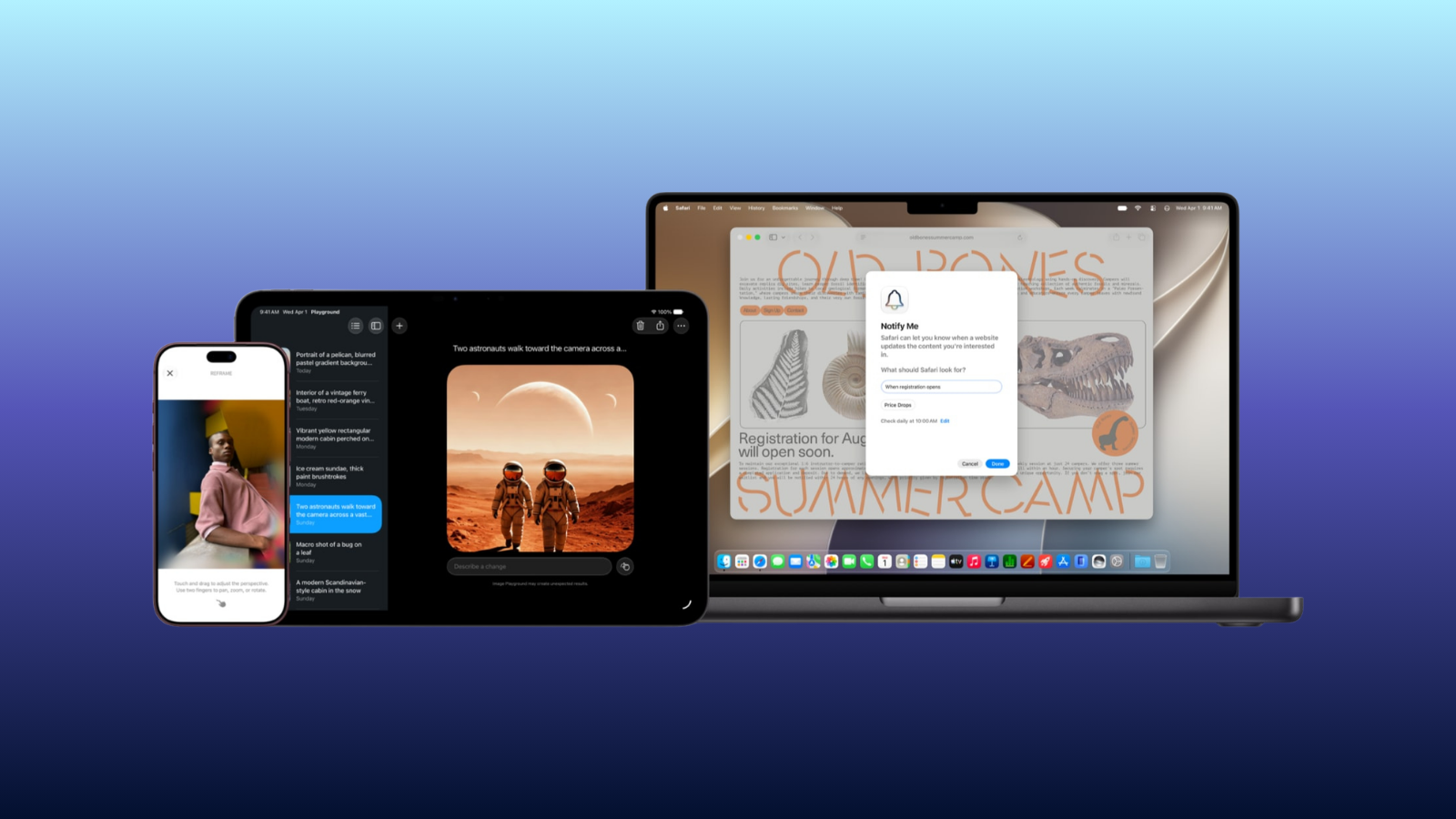 Mavi zemin önünde bir iPhone ve MacBook; ekranlarda Apple Intelligence görsel üretim araçları açık.