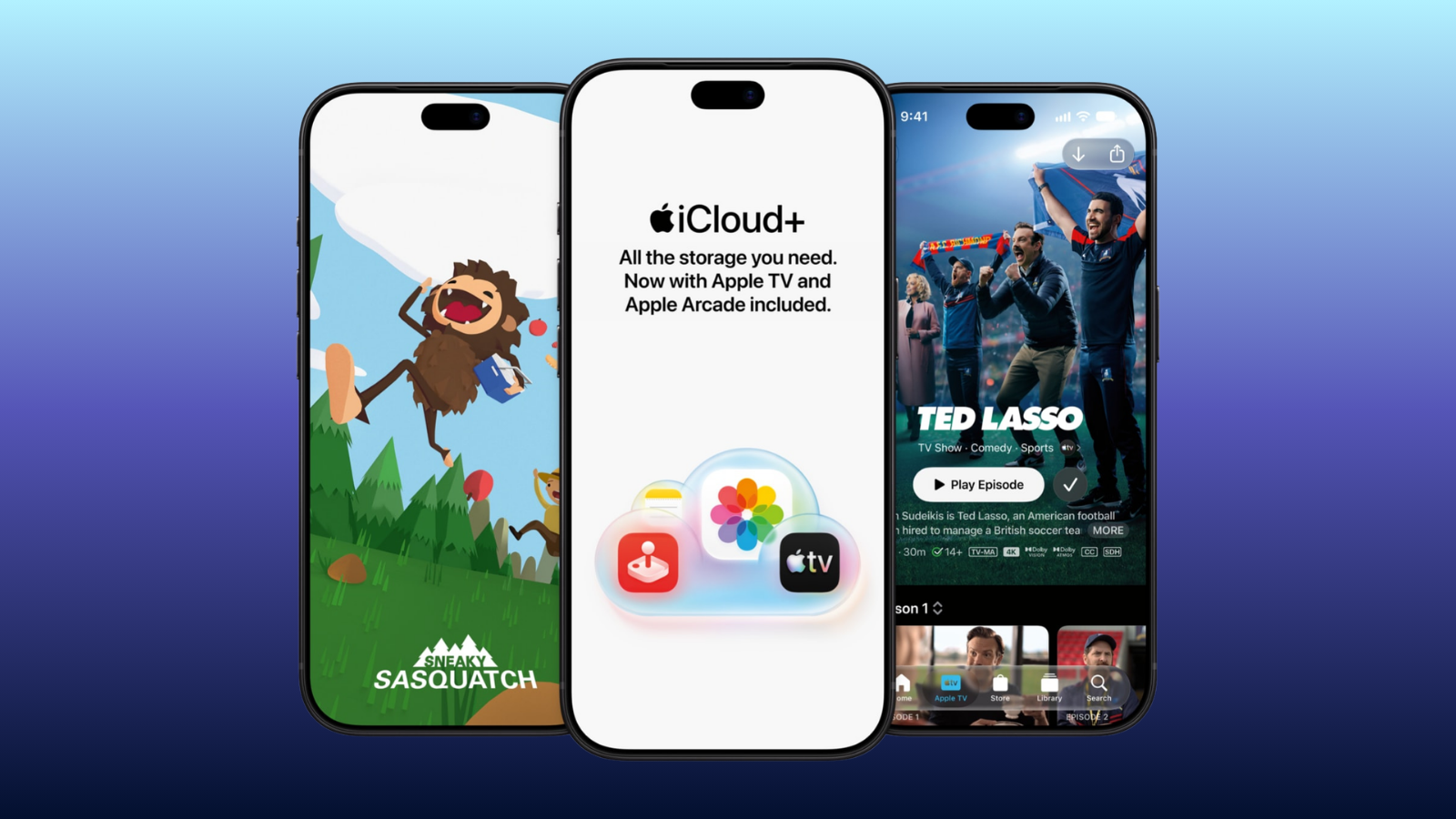Mor zemin önünde üç iPhone; ortadaki iCloud+ paketine Apple TV ve Arcade'in dahil edildiğini duyuruyor.