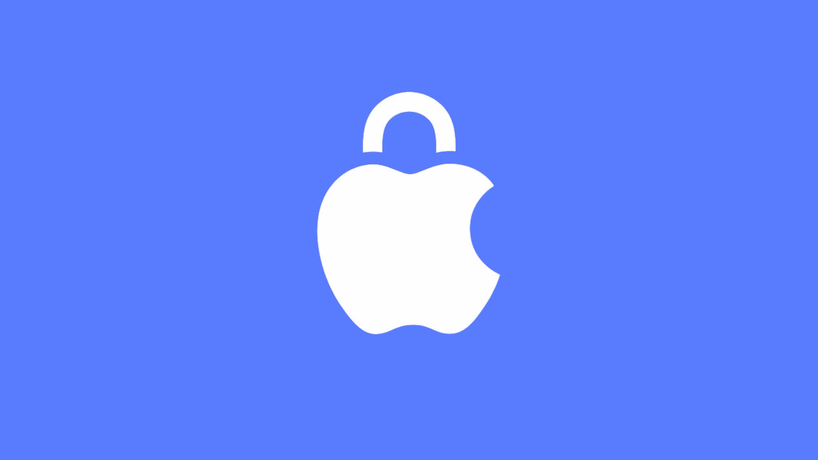Mavi zemin üzerinde asma kilit biçimine dönüştürülmüş beyaz Apple logosu.