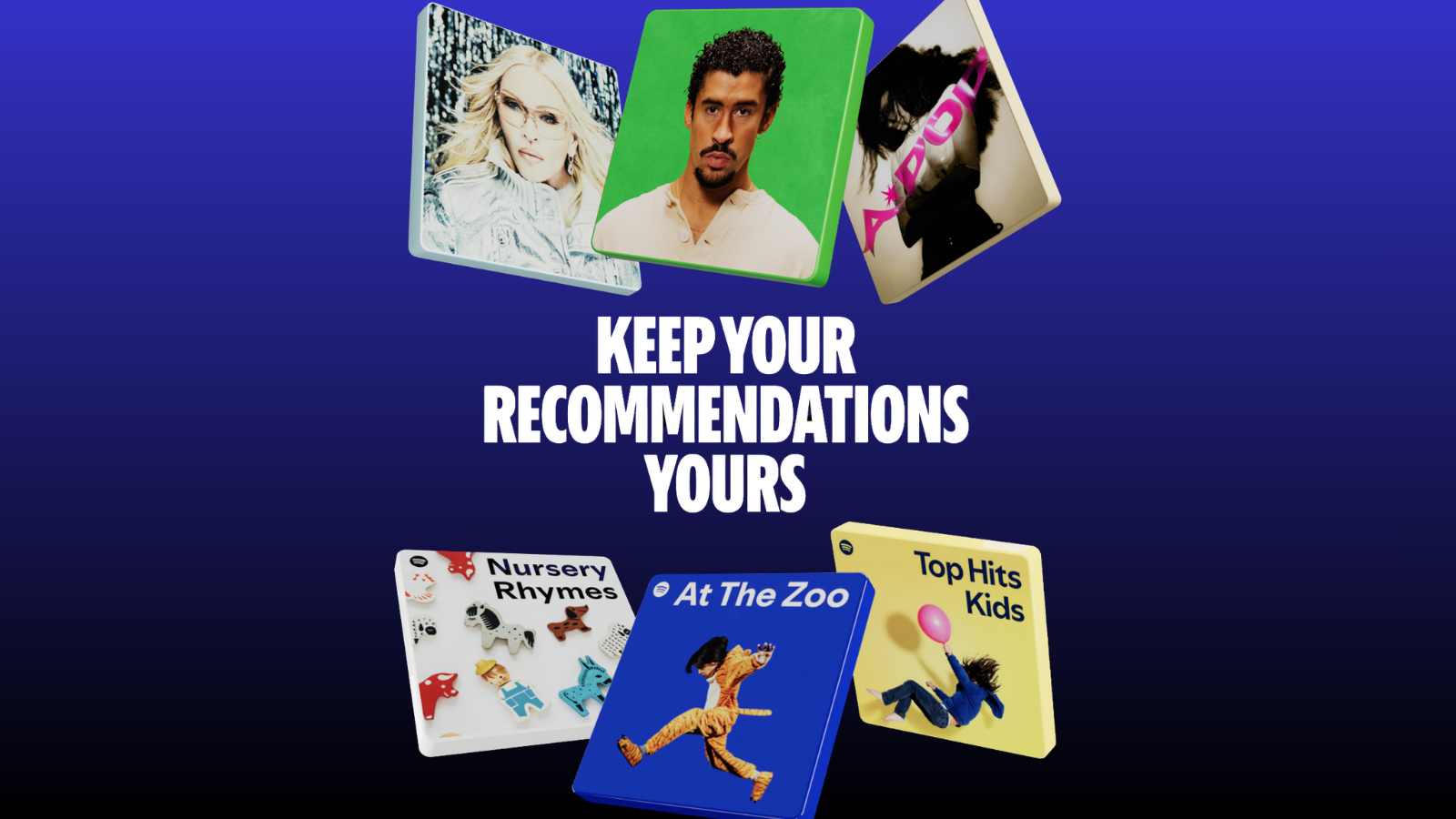 Lacivert zemin üzerinde çocuk şarkısı albüm kapakları ve Keep your recommendations yours yazısı.